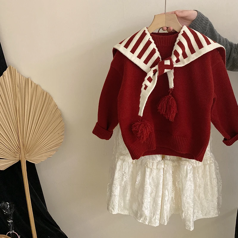 R24585女童秋冬套装可拆卸条纹针织披肩+毛衣丝绒蕾丝加绒半身裙