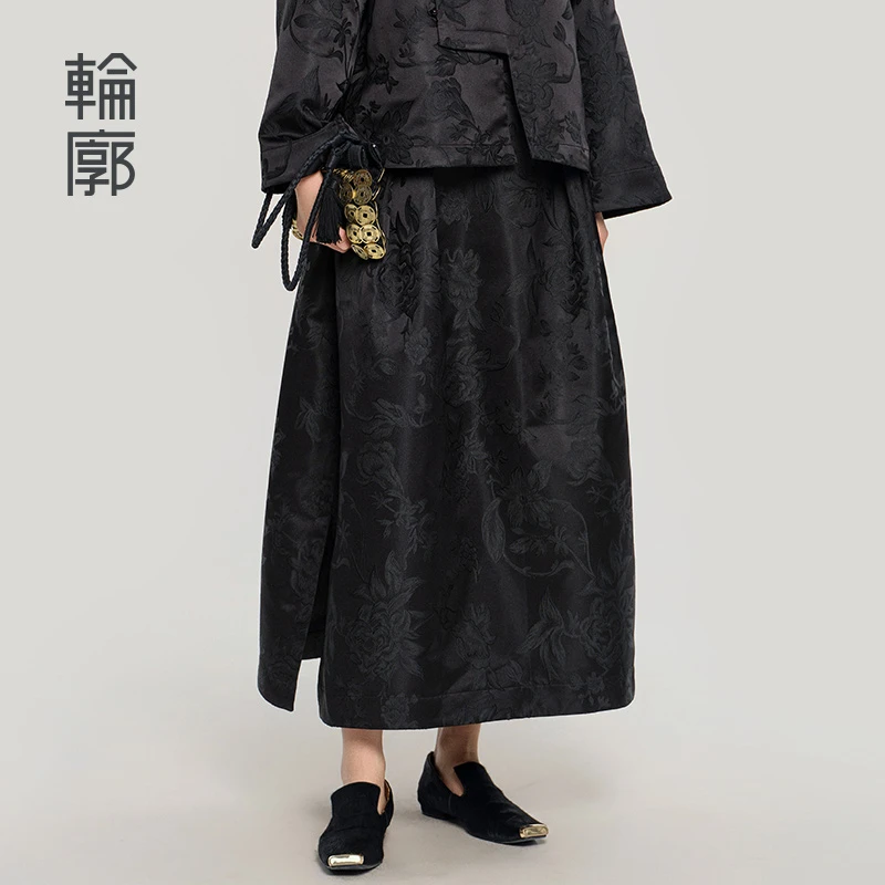 轮廓墨澜花苞裙缎面宽松提花半身裙通勤百搭中式民族风女L251Q003