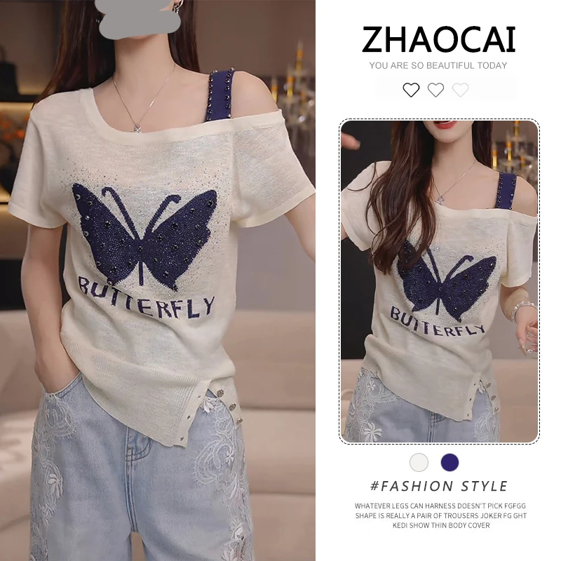 重工烫钻露肩斜领短袖t恤女夏装2025年新款气质显瘦小衫短款上衣