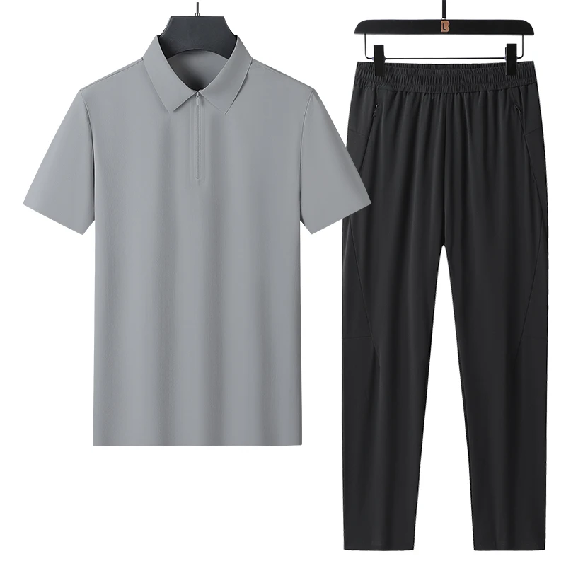 雅鹿优选夏季冰丝无痕套装男士短袖翻领T恤+休闲裤子男爸爸两件套