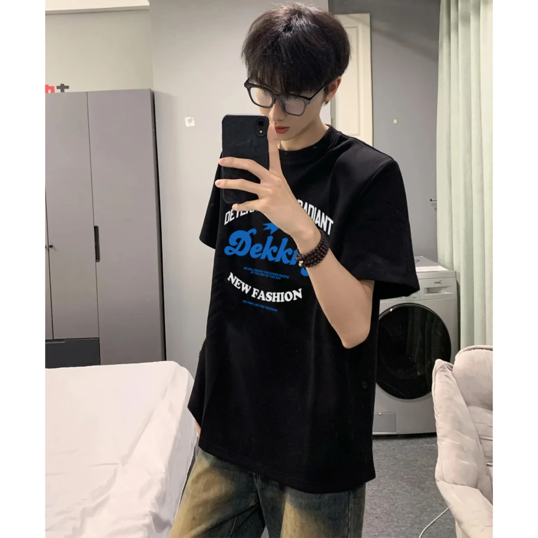 100%纯棉美式设计感ins字母印花短袖T恤夏季男女百搭休闲情侣上衣