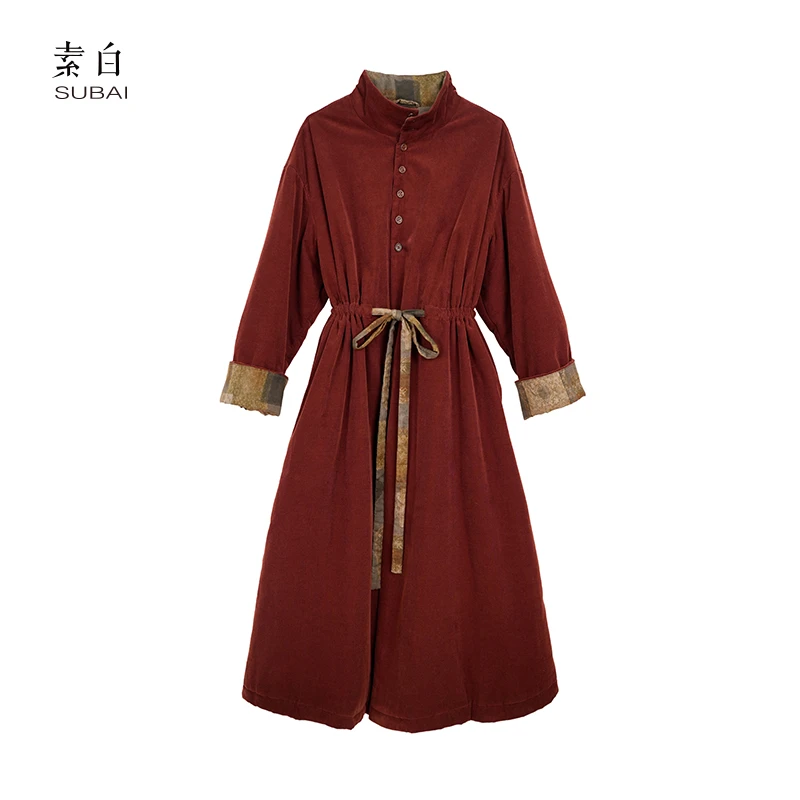 素白冬季加厚【赤茶】F02081复古拼接单排扣系带保暖中长款棉服外套