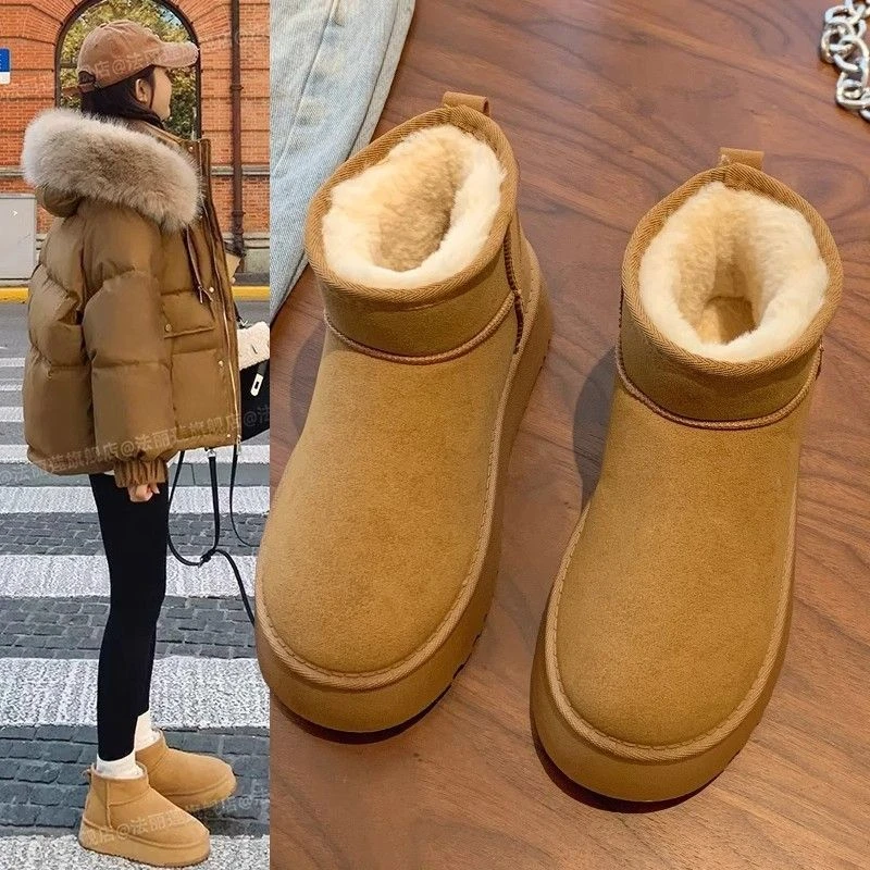 厚底防滑雪地靴女2025年新款冬季保暖面包鞋一脚蹬加绒加厚棉鞋子