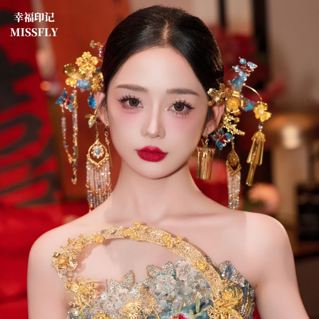 新娘头饰新中式古风蓝色造花液流苏簪子秀禾服龙凤褂结婚发饰品