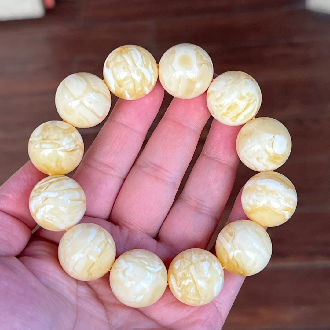 20mm+天然精品高货瓷白妖花俄料蜜蜡圆珠手串#59.89 基地质检发货