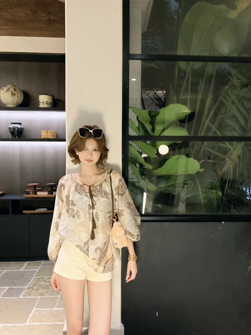 【芝士Cheese】浪漫花稿 时尚百搭夏季复古风长袖小众设计款上衣