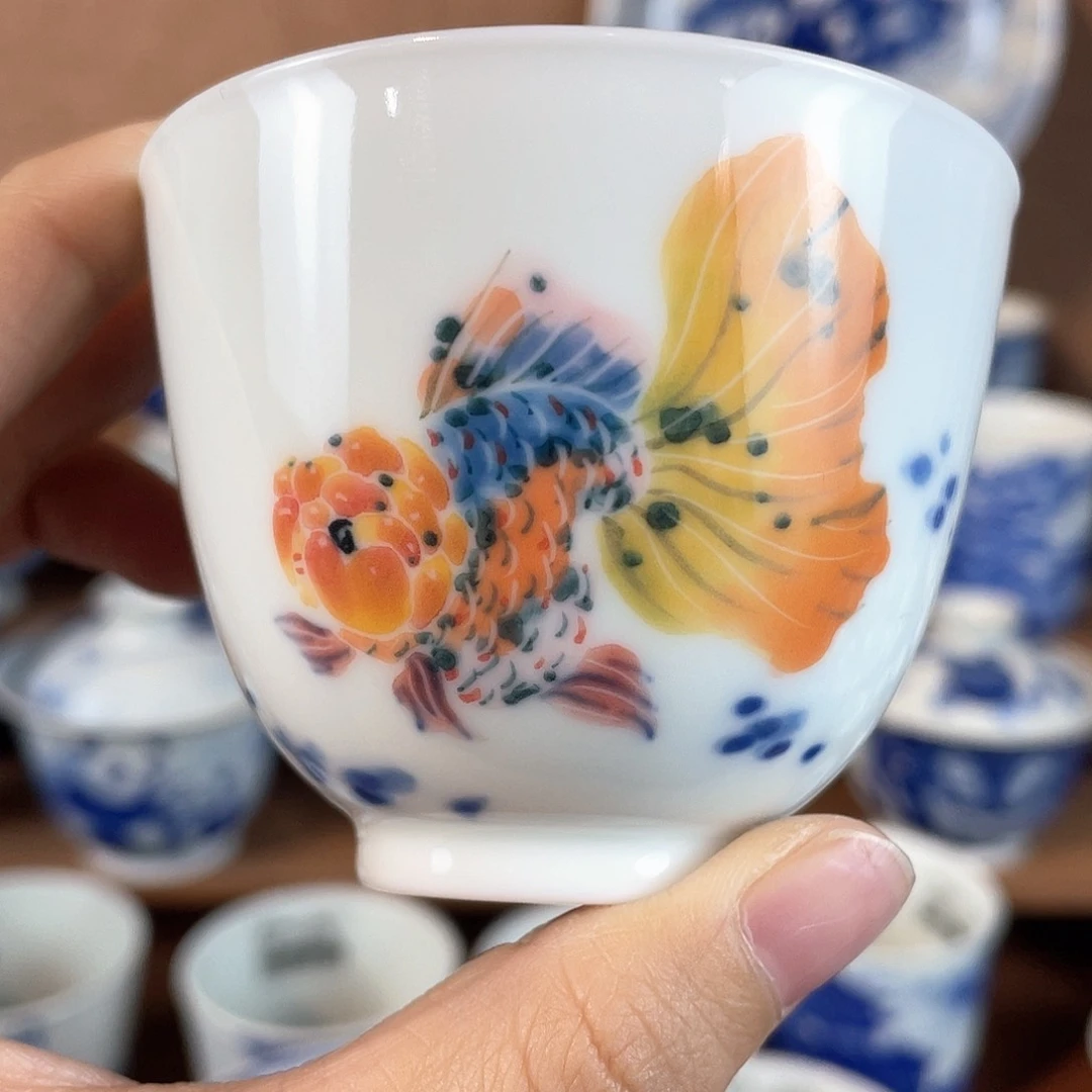 泥藝瓷梦兰寿金鱼杯杯