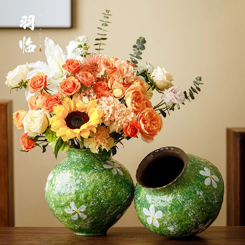 景德镇手绘碧影繁花瓶中式绿色花瓶客厅插花器摆件餐桌水培养鲜花