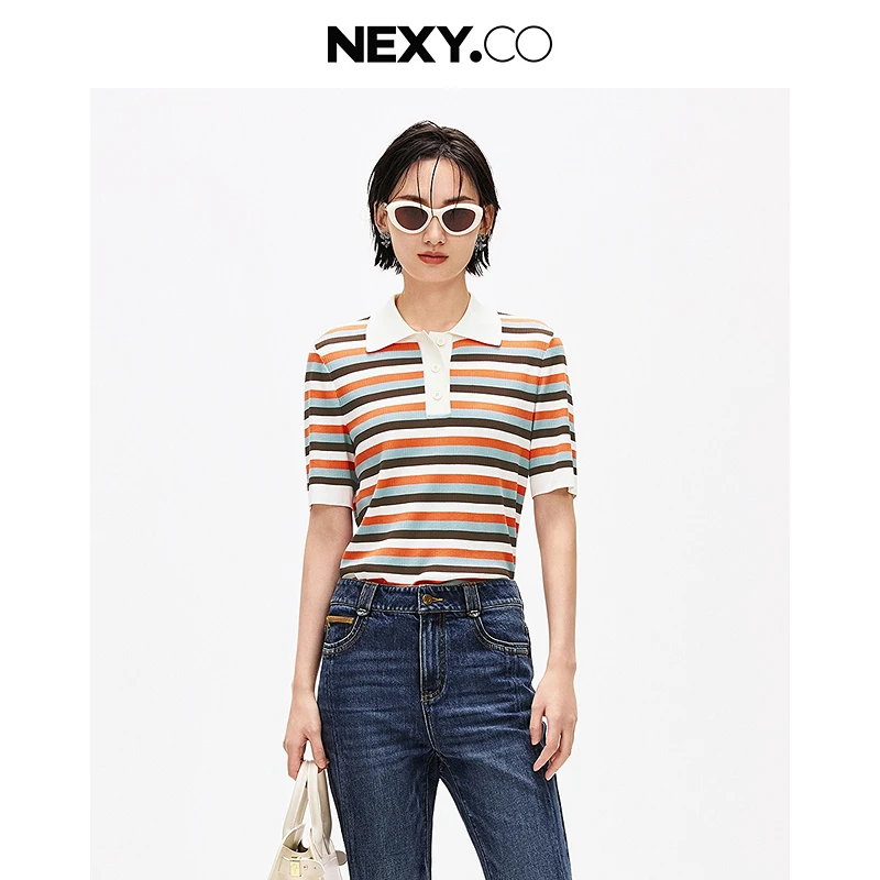 NEXY.CO/奈蔻百搭时尚条纹修身翻领休闲夏季针织毛衫XZ02863C6