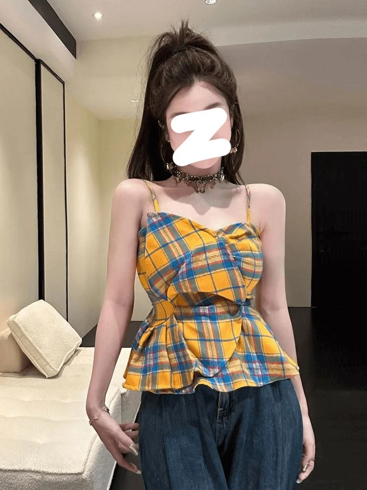 夏气质复古百搭不规则抹胸吊带撞色格子扭结无袖吊带显瘦洋气背心