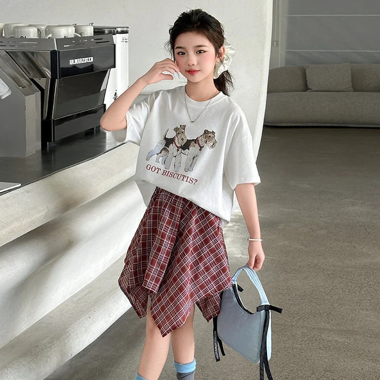 【丫丫童装】2025夏季新款女大童不规则格子裙套装休闲百搭-K917