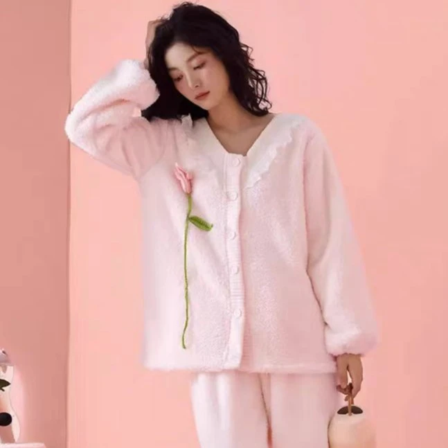 加绒加厚郁金香睡衣套装女文艺简约蕾丝花边居家服德国泡泡绒