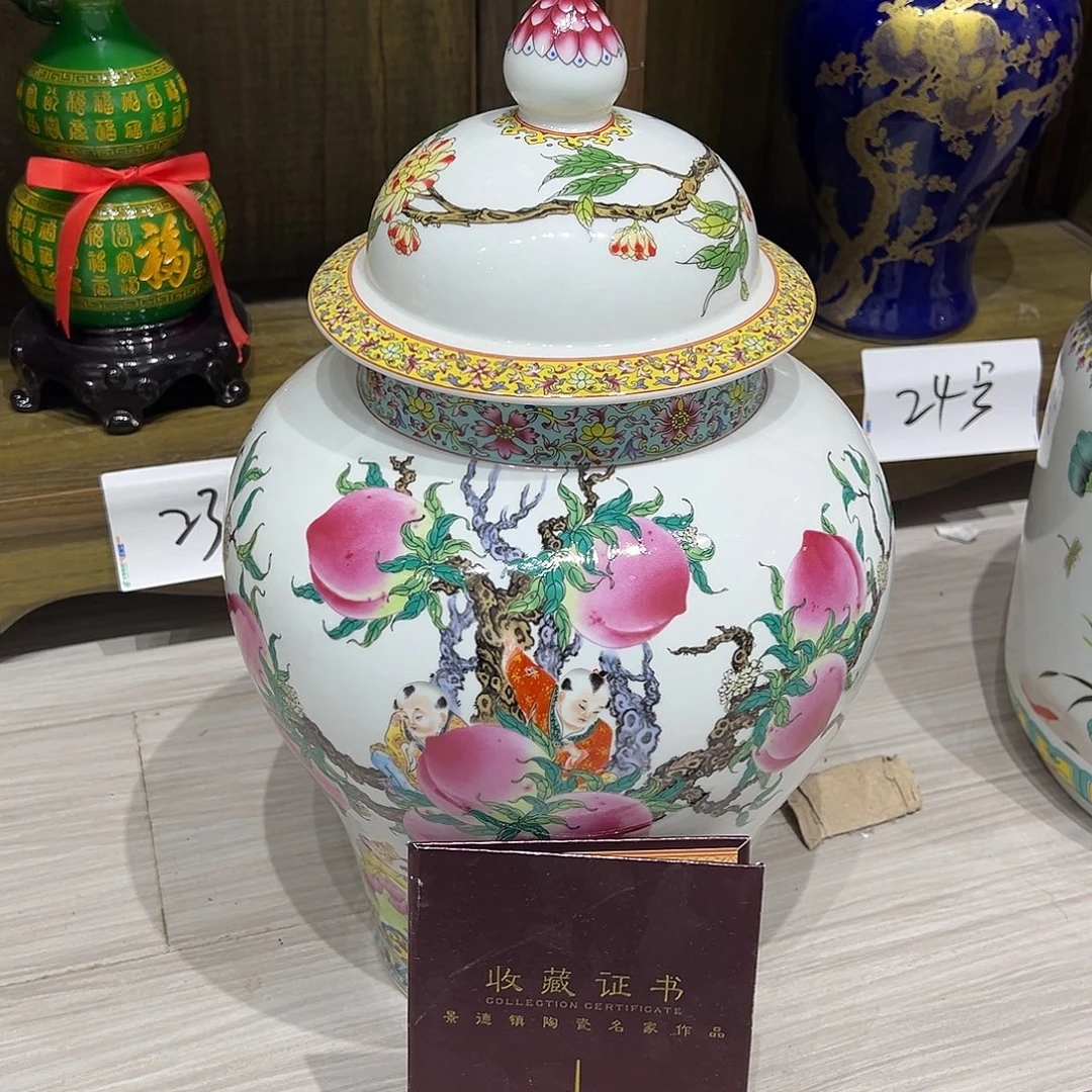 摆件陶45cm桃子童子将军罐
