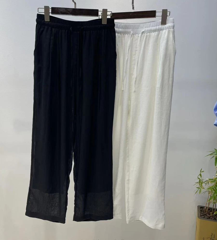 2505312极简风夏季新款纯色亚麻裤宽松抽绳速干松紧腰直筒裤子
