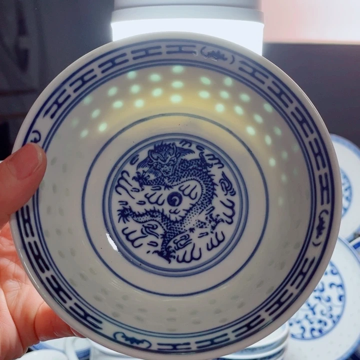 碗青花玲珑6寸面碗龙纹老玲珑