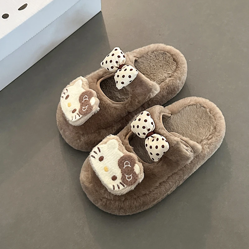 可爱卡通大头猫魔术贴毛毛拖鞋女2025秋冬新款外穿厚底网红棉拖鞋