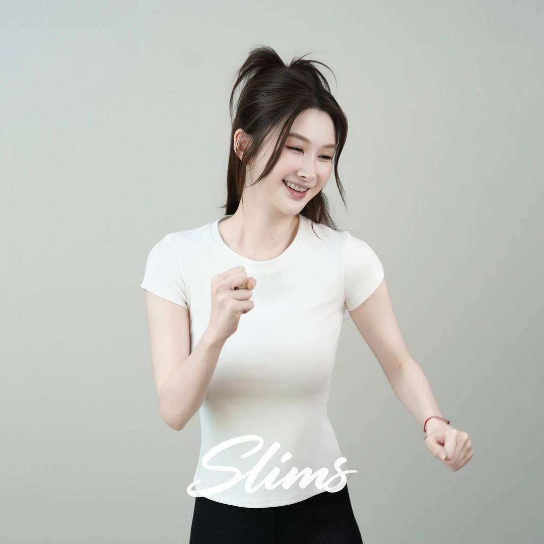 SLIMS【时尚百搭T】修身显瘦圆领短袖t恤 女士运动透气白色打底衫
