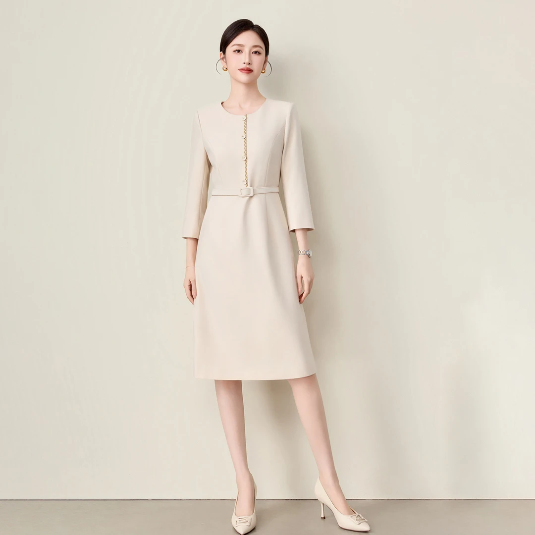 钟老板2025秋季新款西装连衣裙女收腰显瘦七分袖干练气质通勤裙子