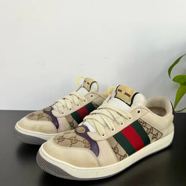 95新 GUCCI/古驰 37欧码紫尾棕老花脏脏鞋/做旧/百搭/经典