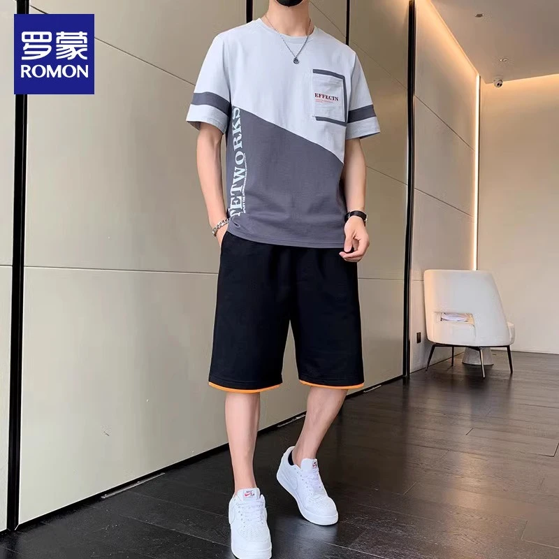 【100%纯棉】罗蒙男士休闲运动套装2025夏季薄款短袖T恤两件套男装