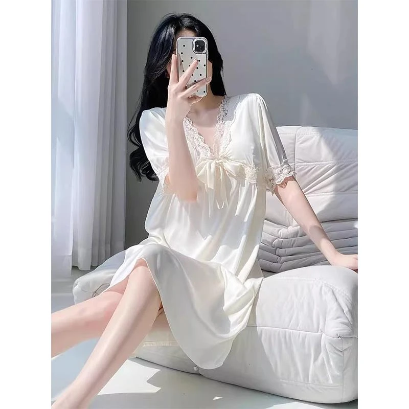 性感睡衣女款夏季2025新款纯欲风短袖蕾丝冰丝带胸垫长裙外穿睡裙