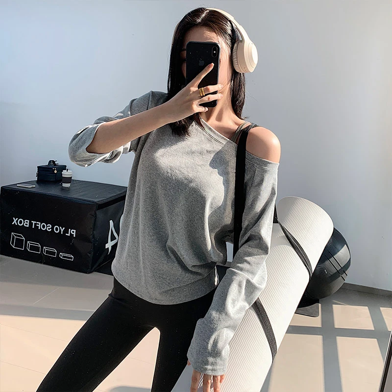 annerun一字肩长袖T恤女宽松辣妹性感斜露肩显瘦百搭休闲瑜伽上衣