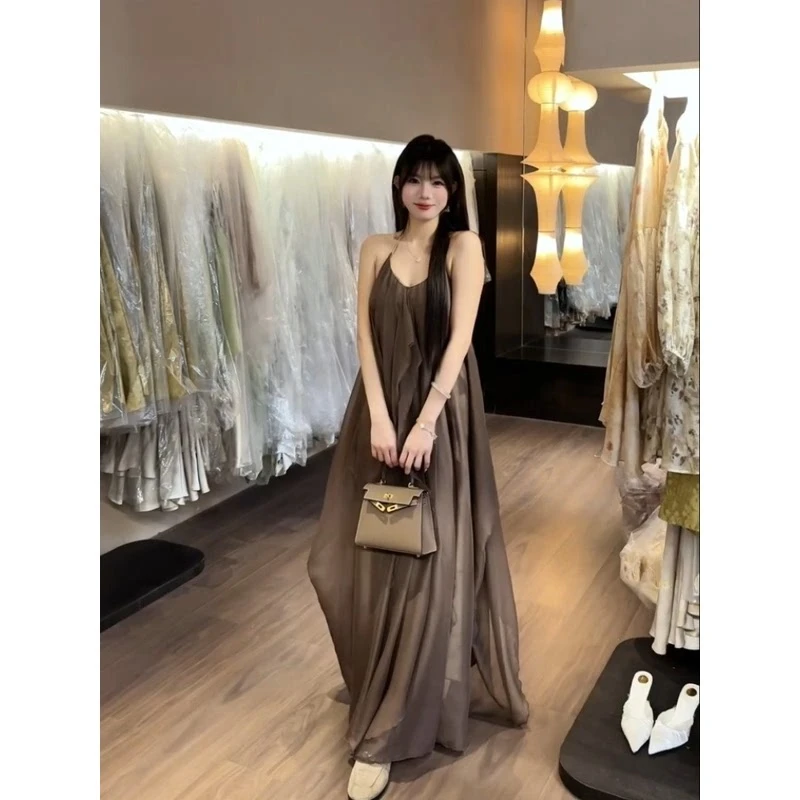咖色印花不规则吊带连衣裙女夏季205新款小众设计感法式气质长裙