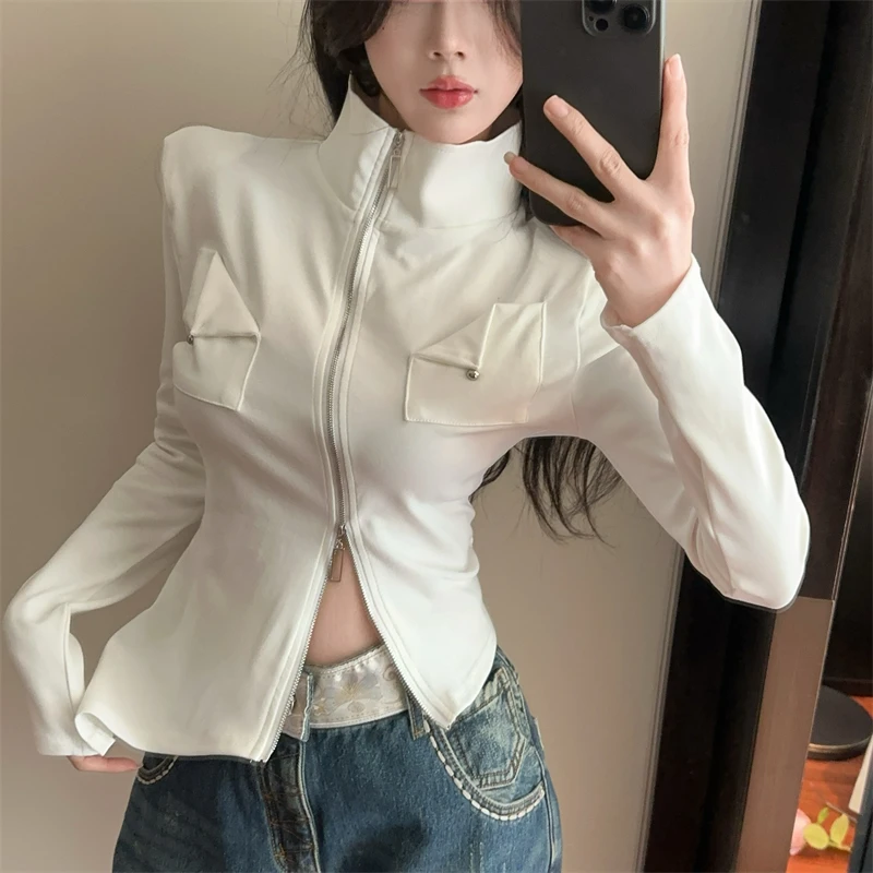 实拍～早春新款纯色百搭拉链修身设计感不规则显瘦棉T针织上衣女