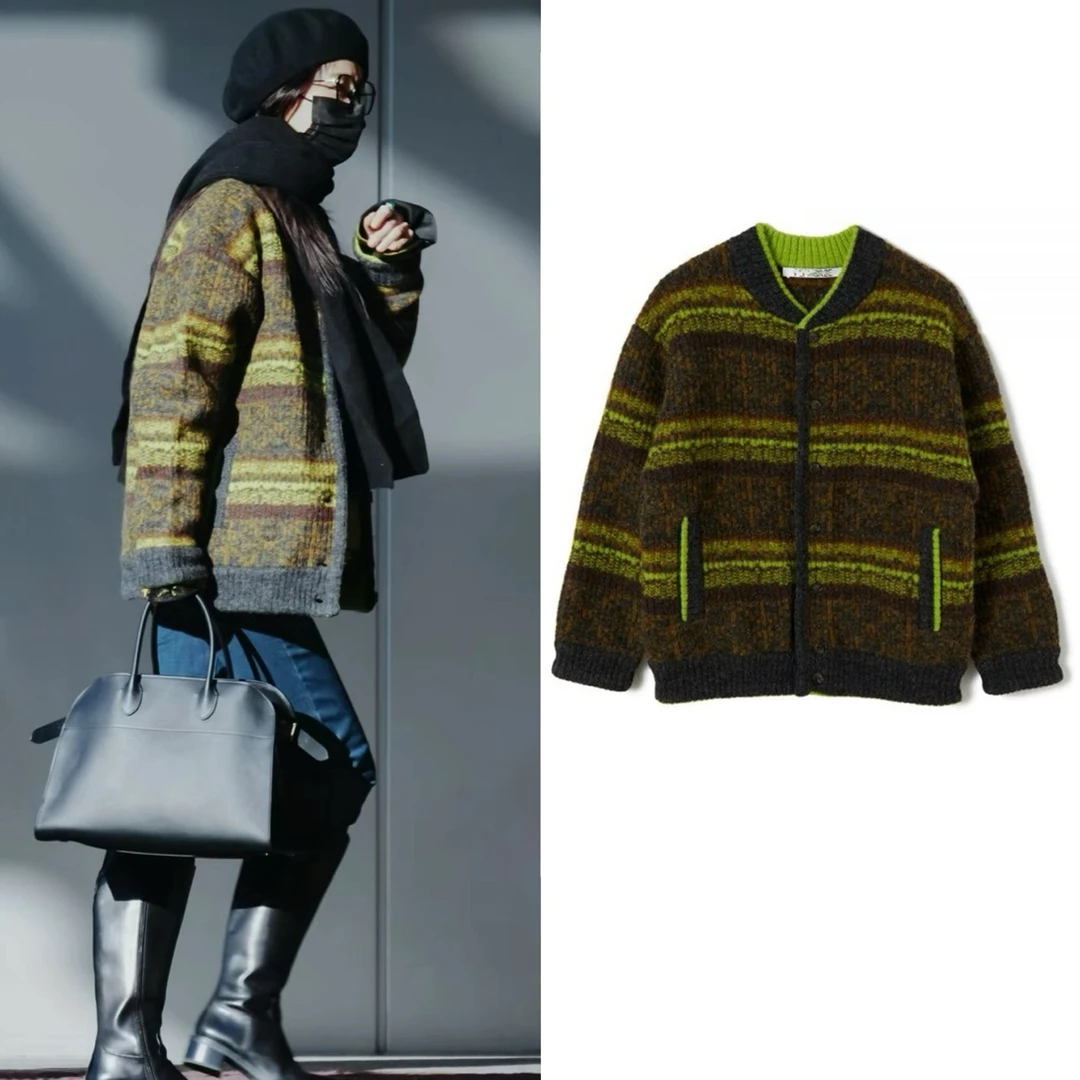 杨幂同款绿色条纹复古撞色针织开衫外套秋冬毛衣上衣