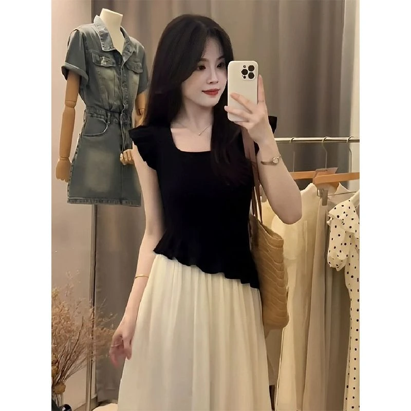 正肩黑色方领锁骨短袖t恤女爆款高级感不规则木耳边飞飞袖上衣夏