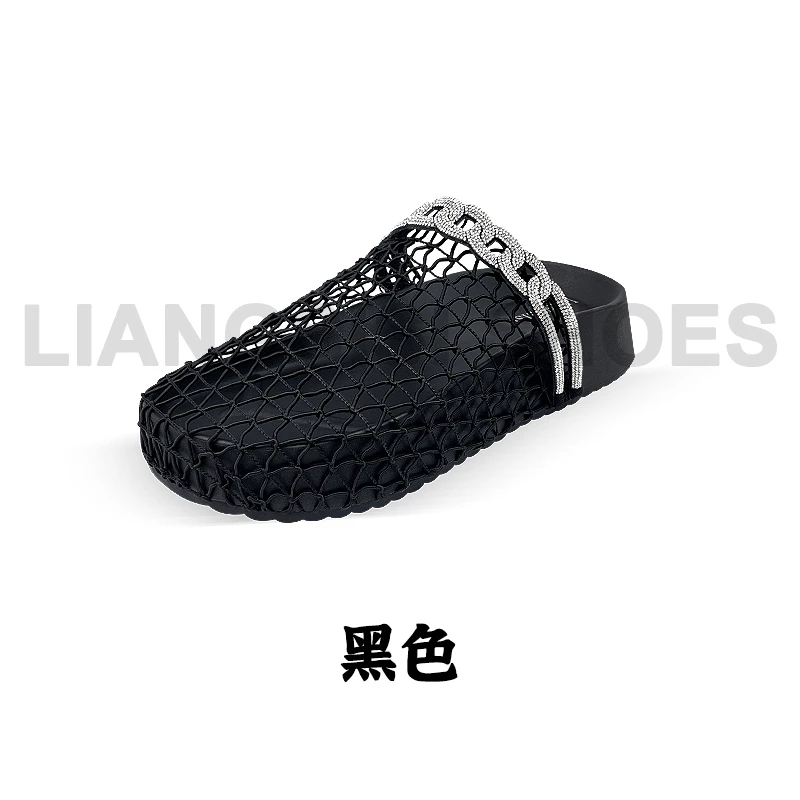 【 渔网水钻】包头拖静奢风平底鞋水钻透气夏季网面休闲半拖-HB536