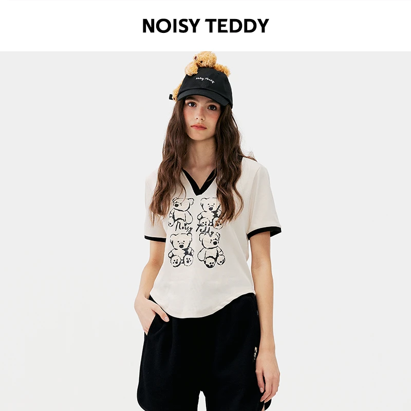 NOISY TEDDY 25年夏新款可爱熊图案时尚不规则拼色女士POLO衫短袖