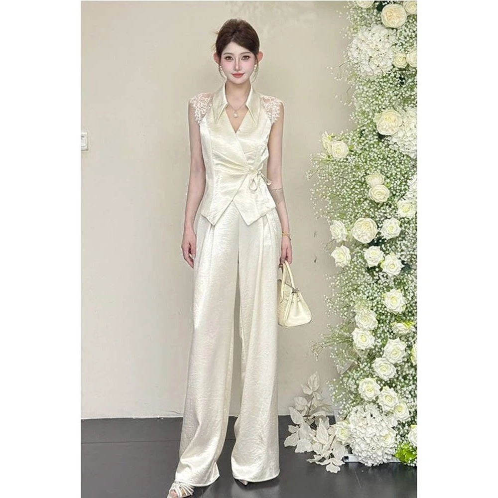 A326 法式气质御姐风蕾丝露背外套上衣高腰直筒长裤两件套