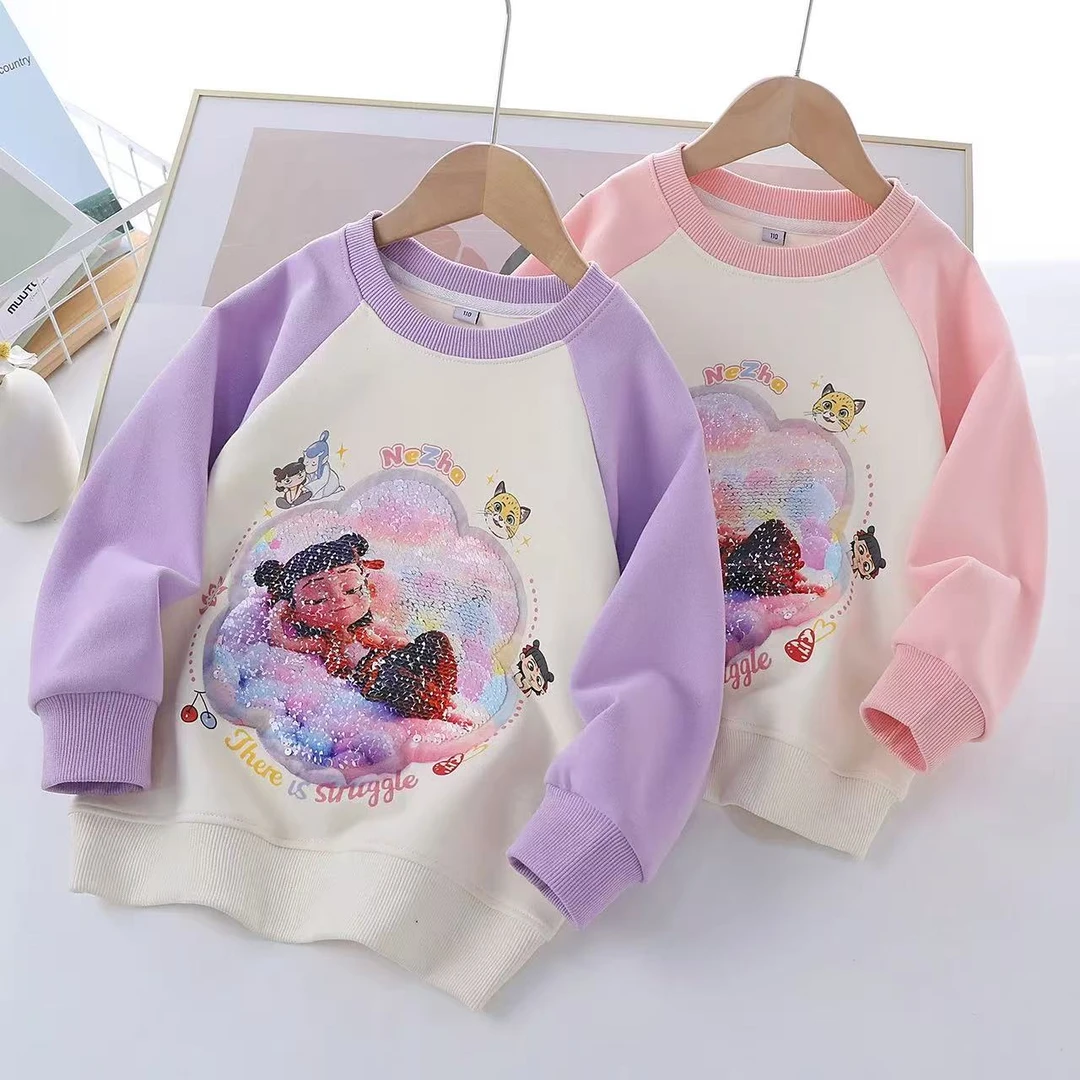 哪吒2025女童亮片春秋变色卫衣春秋新款儿童卡通图案洋气衣服上衣