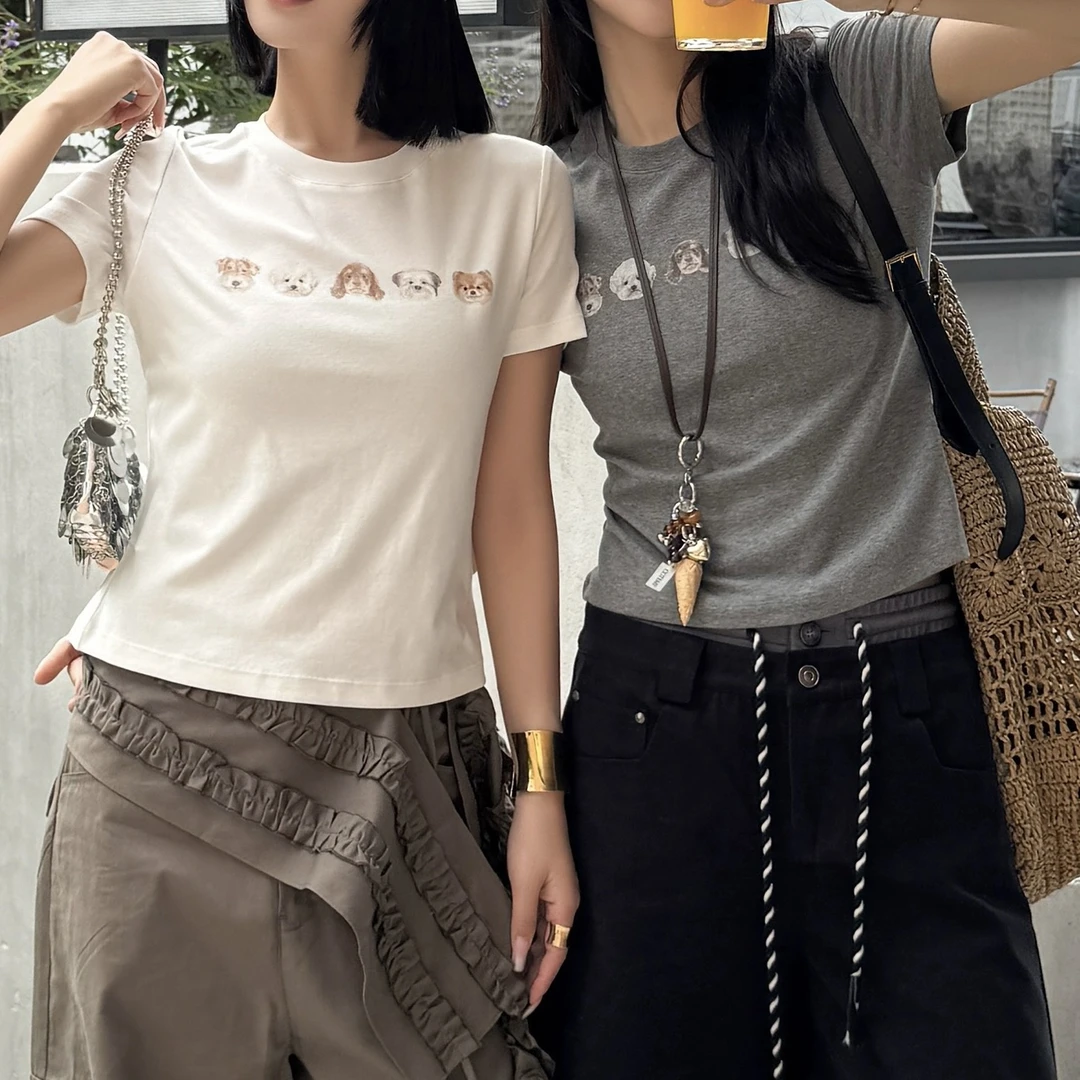 Vena Label25PF新款夏季白色短袖女修身显瘦正肩t恤小狗印花体恤