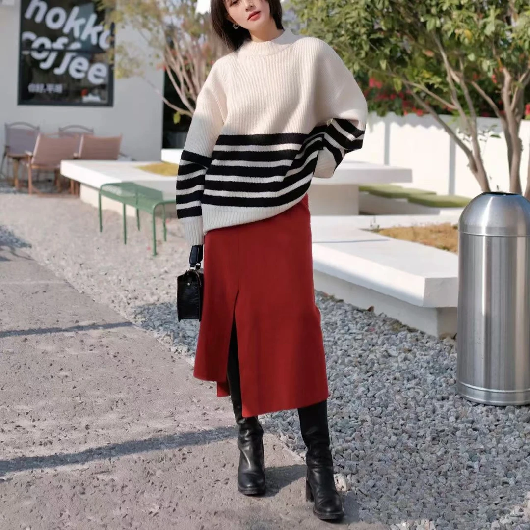 针织衫-24275复古条纹加厚圆领时尚