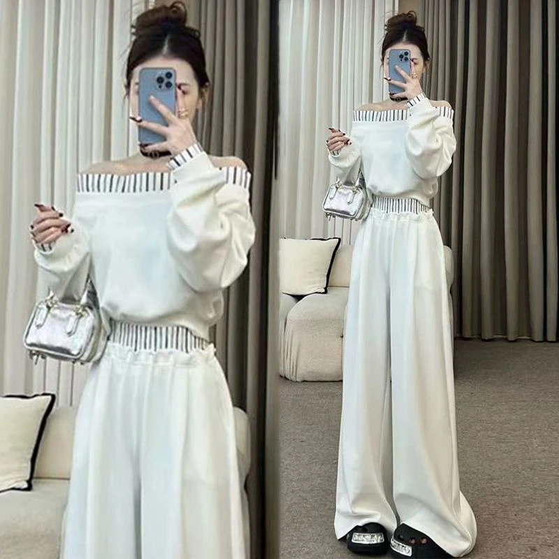 韩系慵懒风一字肩条纹拼接卫衣女2025年春秋高腰阔腿直筒裤两件套