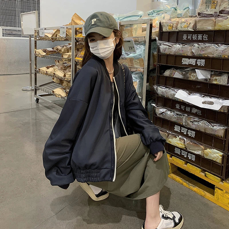 美式复古棒球服外套女春秋新款设计感小个子休闲藏青色短款夹克潮