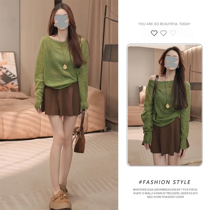 韩系穿搭绿色一字肩毛衣女2025新款慵懒风性感露肩长袖针织衫上衣