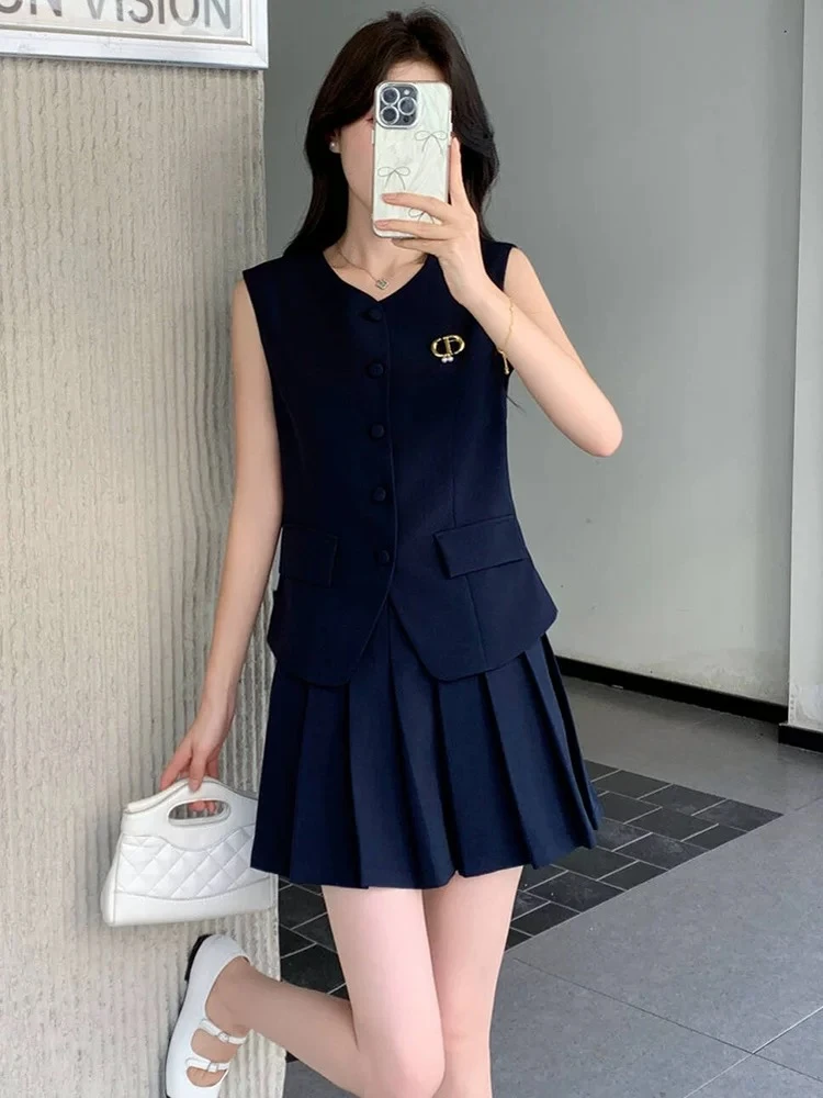 【工厂直销】夏季设计款无袖马甲+百褶裙两件套学院风两件套