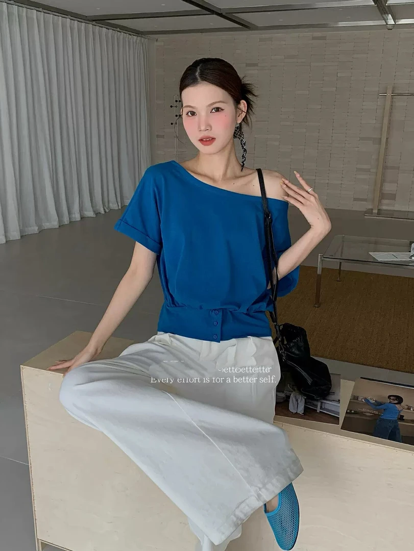 E念2921夏新款慵懒气质斜肩荡领设计感短袖T恤女宽松显瘦百搭上衣