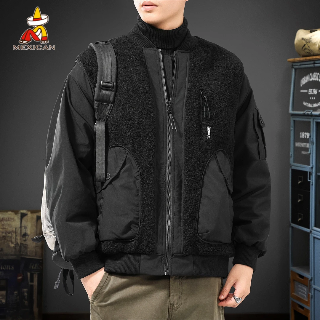 Mexican/稻草人冬季颗粒绒工装棉服男款高级感棉衣加厚夹克外套潮