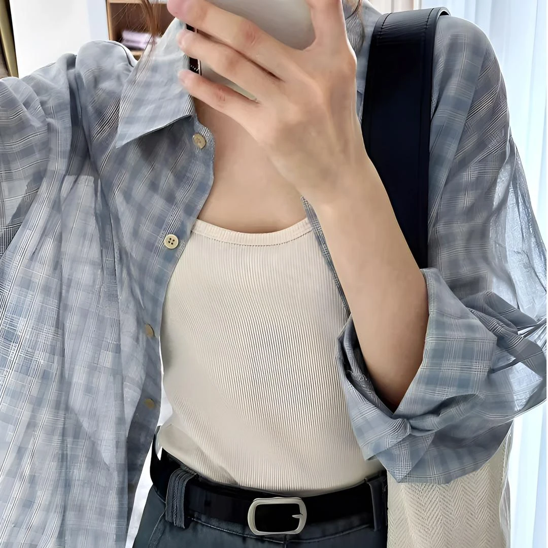 （送吊带+运费险）蓝色格纹衬衫女高级感复古宽松休闲开衫外穿潮