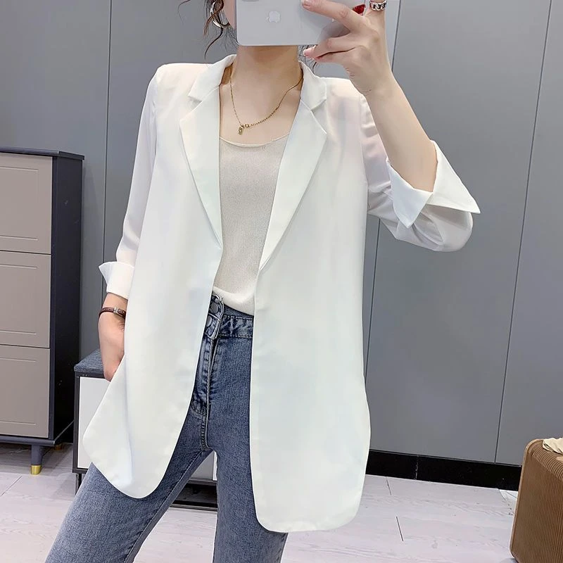 2025春夏新款韩版薄款宽松中长款西服外套七分袖开衫雪纺小西装女