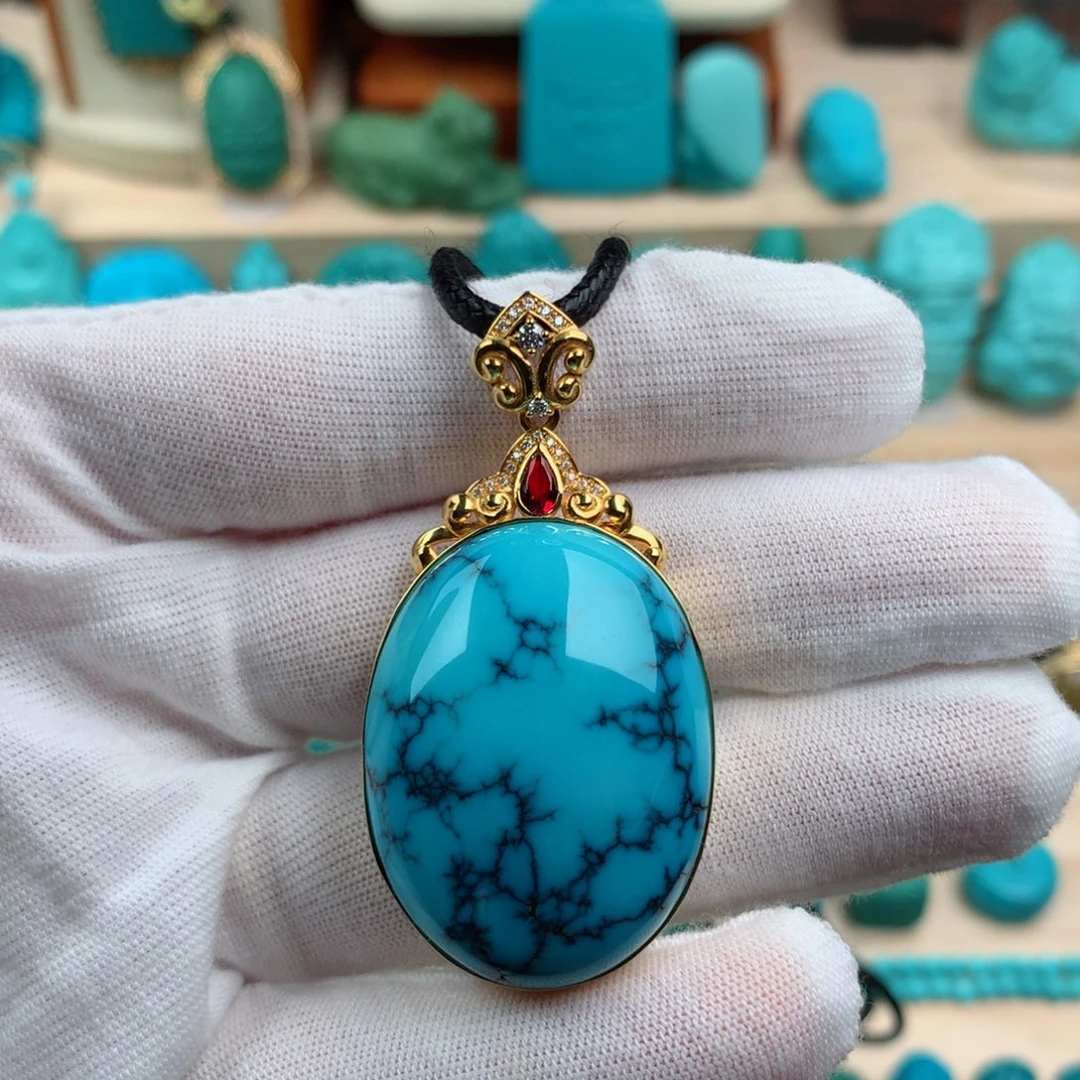 18K金镶嵌绿松石水草纹吊坠