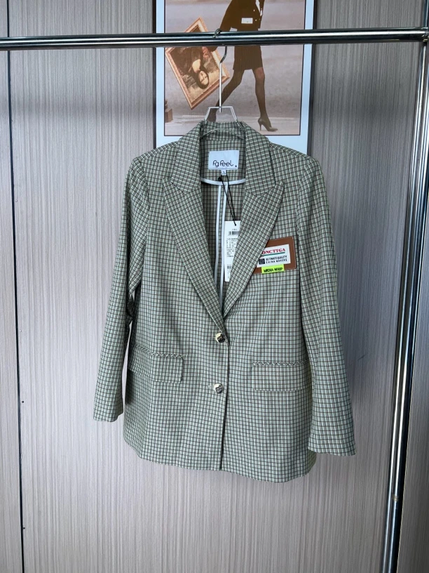 8454品牌撤柜fg女装春装新款绿色格纹西装外套女