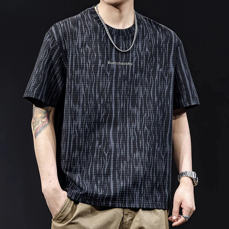 云染提花短袖t恤男士夏季2025新款宽松大码衣服男装潮牌半袖体恤