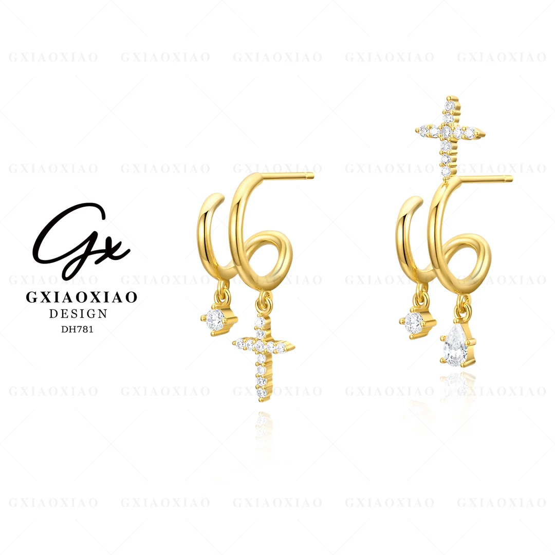 铜合金合成锆石耳饰  镀K金 法式气质百搭水滴形十字架耳环 DH781