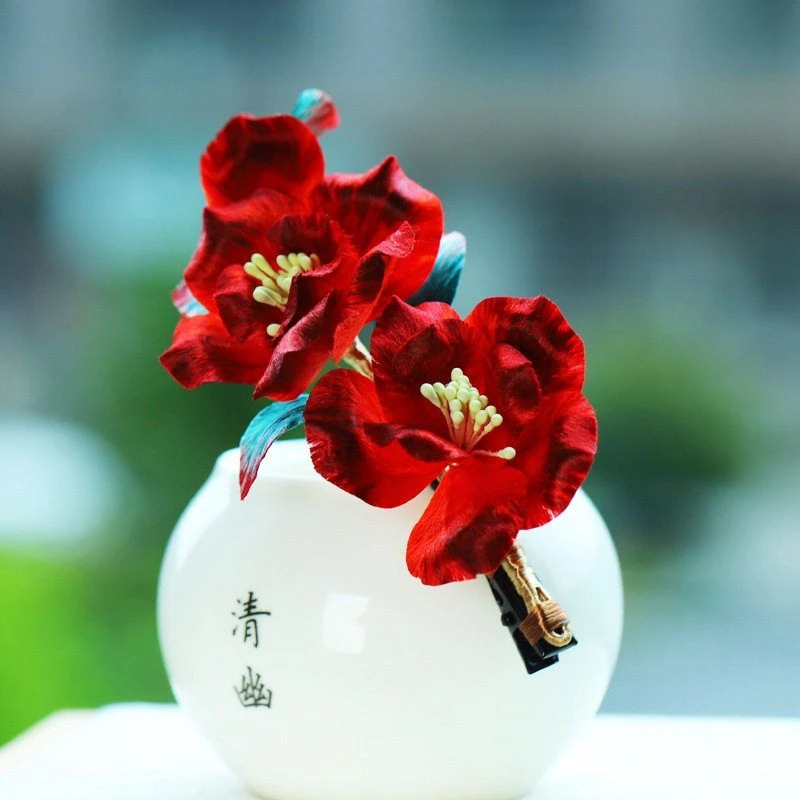 新款手工非遗蚕丝绒花发夹新娘禾秀服红色双茶花发饰复古旗袍头