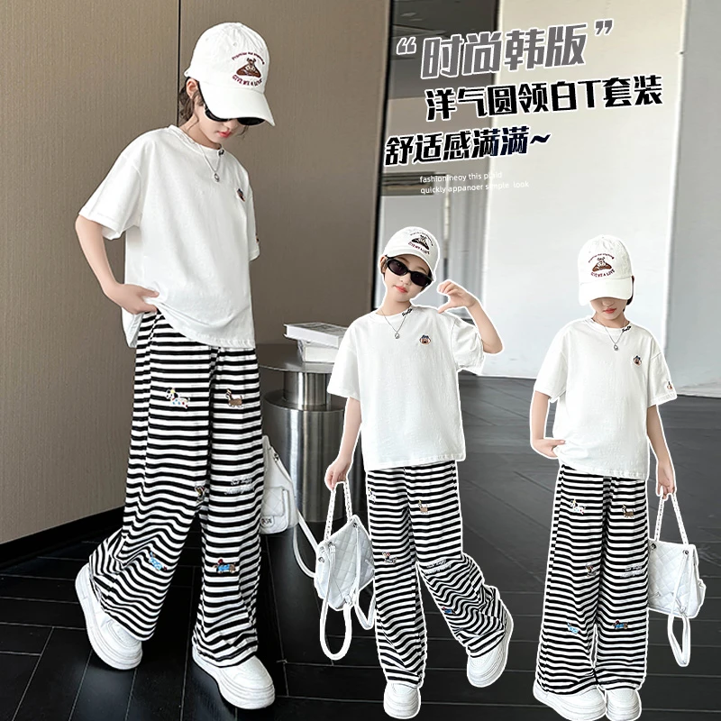 女童夏季恤套装大童夏装条纹短袖阔腿裤休闲儿童夏季女宝宝套装